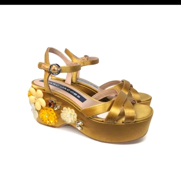 Marc Jacobs Gold Satin Embellished Platform Sandals - Picture 11 of 11